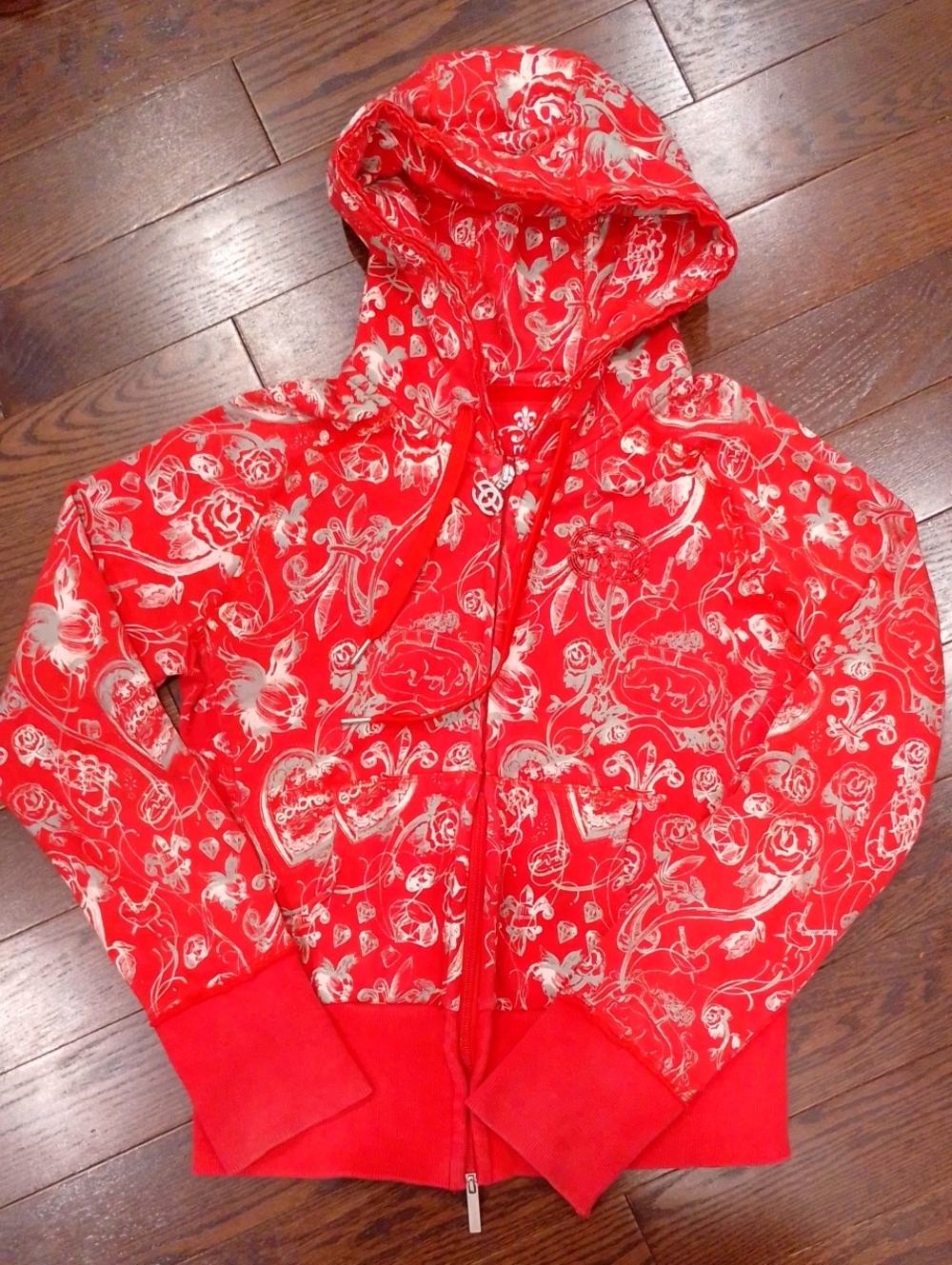 Pre-owned Marc Ecko Red Floral Zippered Hoodie L